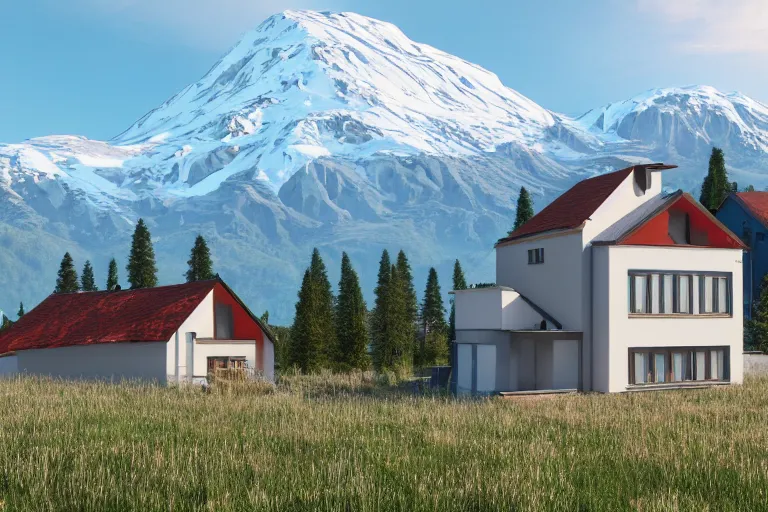 Prompt: modern fachwerk house settlement with Elbrus mountain on the background, architecture, 3d render 8k , high details