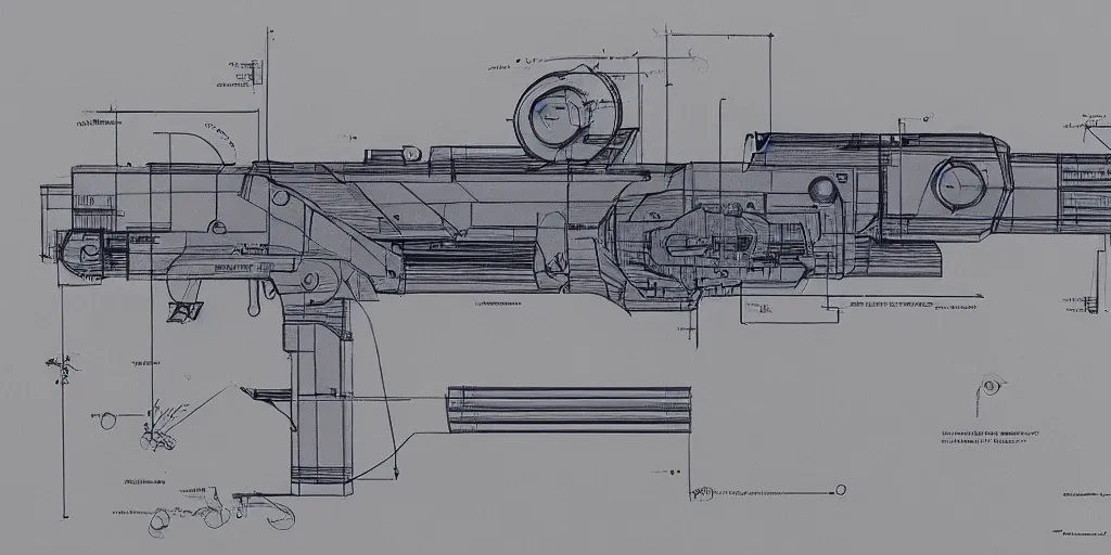 Image similar to blueprint of a laser space gun, technical draw, concept art, very detailed, 3 5 mm