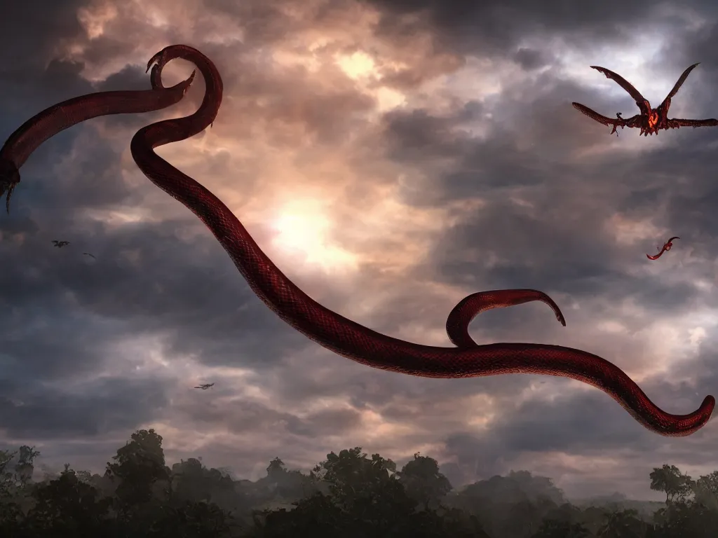 Image similar to awful demonic serpent flying in cinematic lighting sky