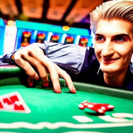 Image similar to closeup of handsome gigachad XQC gambling