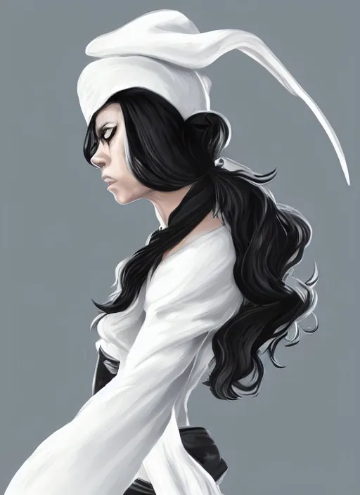 Image similar to a highly detailed illustration of fierce messy ponytail black haired one armed delinquent woman wearing white cap wearing long white coat cape, dramatic wielding sword pose, muscular, intricate, elegant, highly detailed, centered, digital painting, artstation, concept art, smooth, sharp focus, league of legends concept art, wlop.