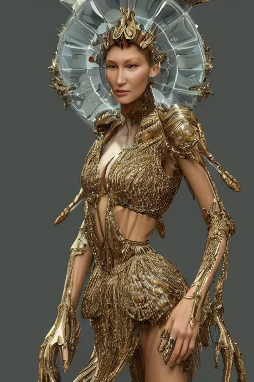 Image similar to a highly detailed 4 k render portrait of a tall beautiful alien goddess bella hadid in iris van herpen dress schiaparelli armor in diamonds and lots of jewelry in style of alphonse mucha trending on artstation made in unreal engine 4