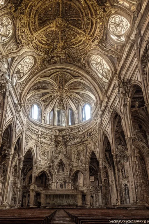 Image similar to photo inside an abandoned cathedral, ornate highly detailed intricate