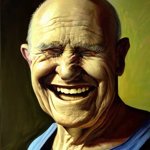 Image similar to an unsettling painting of a smiling old man in pain