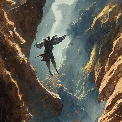 Image similar to angel protecting man falling from a cliff, detailed intricate ink illustration, happy atmosphere, detailed illustration, hd, 4k, digital art, overdetailed art, by greg rutkowski, by loish, complementing colors, Trending on artstation, movie poster style