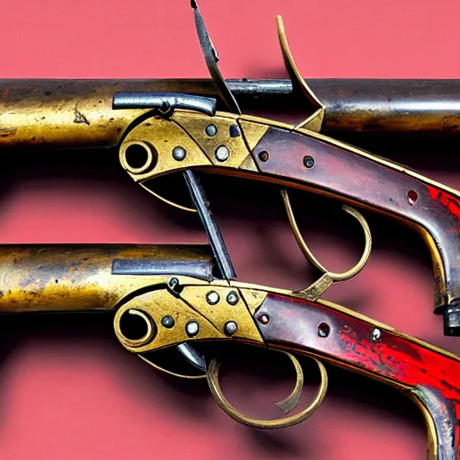 Image similar to an antique double - barreled shotgun made from glossy red - painted wood and elements of gold metalwork