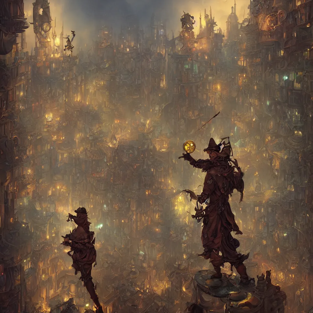 Image similar to tarot the fool standing in a steampunk city by peter mohrbacher and dan mumford and nekro, cgsociety, volumetric light, 3 d render