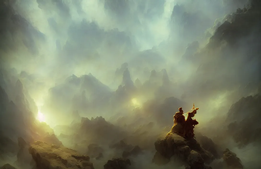 Prompt: ivan aivazovsky peter mohrbacher john singer sargent, ruan jia, dancing angels in phantastic landscape, hyperreal phantastic, intricate details in environment, meeting point, luminance, golden ratio, high aestehtic, cinematic light, dramatic light, godrays, distance, photobash, wideangle, bierstadt, hyperreal 4 k