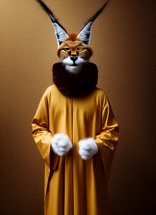Prompt: cute fluffy anthropomorphic caracal as orthodox priest in golden clothes, caracal head, wearing vr, in orthodox icons at background, dynamic lighting, darkness, atmospheric, surrealistic, ambients, dramatic, blurry bokeh cinematic, depth of field, 8 0 mm f 1. 8, by bussiere rutkowski andreas rocha