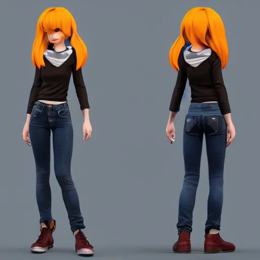 Prompt: Full body 3D rendered of a cute cartoon female character, she has short hair and wear boyish outfit, video game art, Unreal Engine, trending on artstation