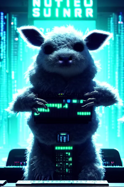 Image similar to high quality 3 d render sci - fi very cute neuromancer fluffy! mutant cow hybrid! playing keyboard, highly detailed, unreal engine cinematic smooth, in the style of blade runner & detective pikachu, hannah yata charlie immer, moody blue light, low angle, uhd 8 k, sharp focus