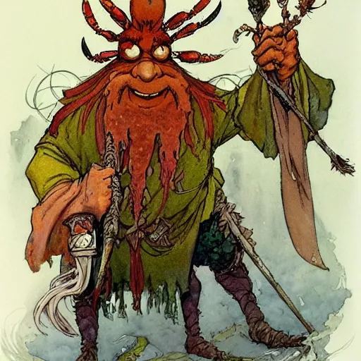 Prompt: a realistic and atmospheric watercolour fantasy character concept art portrait of mr. crabs as a druidic warrior wizard looking at the camera with an intelligent gaze by rebecca guay, michael kaluta, charles vess and jean moebius giraud