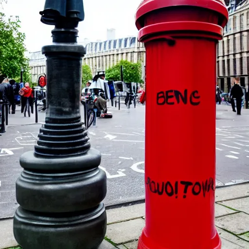 Prompt: a giant statue of a red plunger and a toilet in the center of london. a london bus in the background with the letters