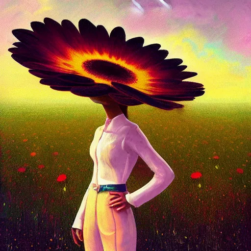 Image similar to giant daisy flower head, frontal, girl in a suit, surreal photography, sunrise, dramatic light, impressionist painting, digital painting, artstation, simon stalenhag