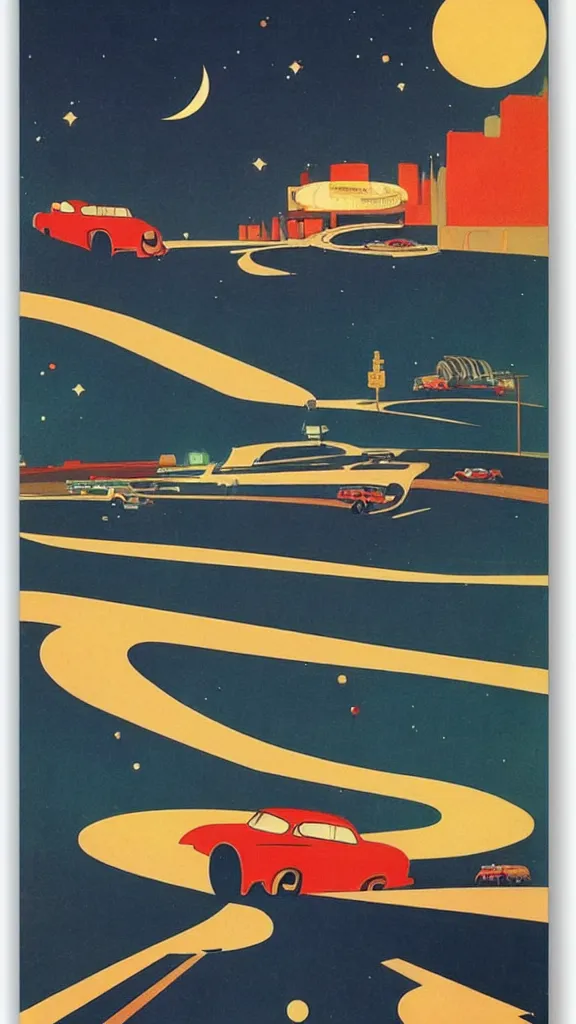 Image similar to a series of highways in outer space with cars on them, 1950s art deco poster, retrofuturism, edward hopper