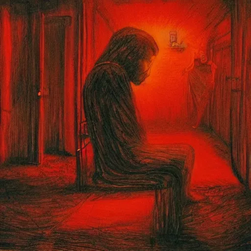 Image similar to a dark mind in a nightmare is aware of betrayal sadness and despondency of a schizophrenic in a red hyper room