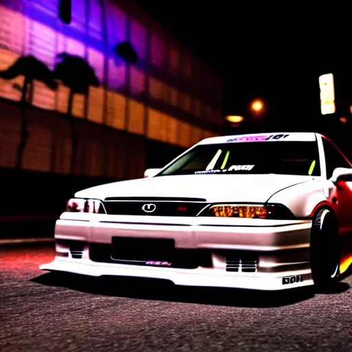 Image similar to a car JZX100 twin turbo drift at illegal car meet, Shibuya prefecture, city midnight mist lights, cinematic lighting, photorealistic, highly detailed wheels, high detail