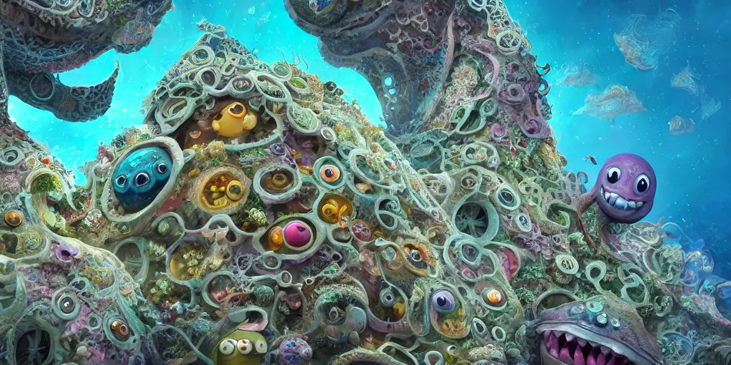 Image similar to of an intricate sea reef with strange cute friendly happy creatures with huge eyes, mouth, long tongue, round teeth and goofy face, appearing from the background, in the style of gehry and gaudi, macro lens, shallow depth of field, ultra detailed, digital painting, trending artstation, concept art, illustration, cinematic lighting, photorealism, epic, octane render