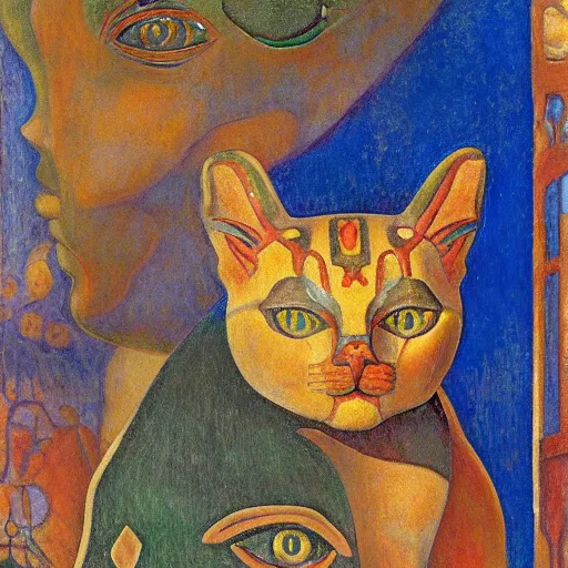 Image similar to cloisonne cat head sculpture, by annie swynnerton and diego rivera and nicholas roerich and jean delville, symbolist, dramatic lighting, god rays, art brut, rich colors, smooth, sharp focus, extremely detailed, adolf wolfli, by janet fish and ( donato giancola and bilibin )