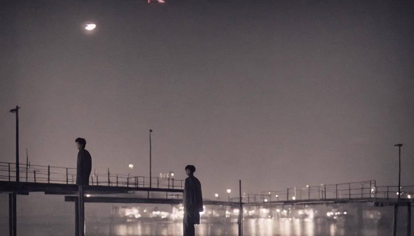 Image similar to 80s asian neon movie still with a lone man levitating over a pier by the river at night with city lights behind his back. Fallen angels movie still. hyperrealistic, photorealistic, high definition, medium format photography, highly detailed, tehnicolor, anamorphic 50mm lens