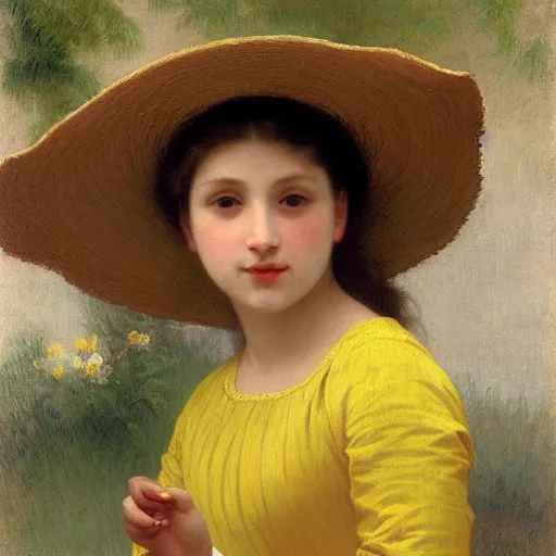 Image similar to young girl wearing a straw hat and a yellow shirt, full-length, bouguereau