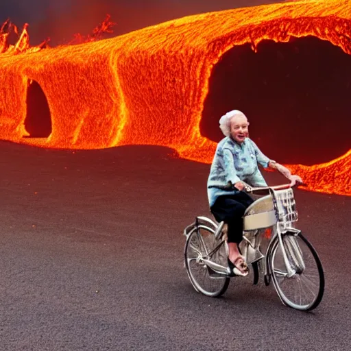 Image similar to a cute gentle elderly woman riding a bike through a field of lava and tentacles, realistic photo