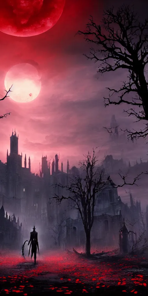 Image similar to abandoned bloodborne old valley with a person at the centre and a ruined gothic city at the emd, trees and stars in the background, phantoms in the sky, falling red petals, epic red - orange moonlight, perfect lightning, wallpaper illustration by niko delort and kentaro miura, 4 k, ultra realistic