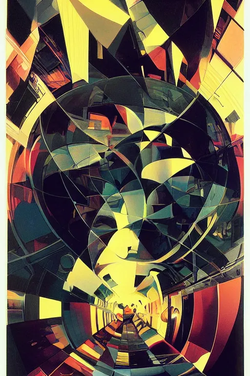 Prompt: fisheye, a silhouette of a man lost in tensor fields, madness, decoherence, synthwave, glitch!!, fracture, realistic, hyperdetailed, concept art, golden hour, art by syd mead, cubism