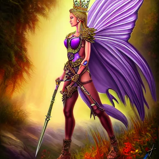 Image similar to adult fairy warrior queen, highly detailed, 4 k, hdr, illustrated by anne stokes