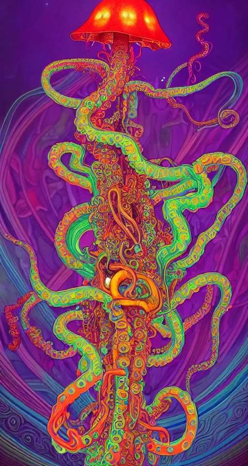 Image similar to An extremely psychedelic abstract illustration of octapus with colorful glowing tentacles, colorful, surreal, dramatic lighting, magic mushrooms, psilocybin, LSD, detailed, intricate, elegant, highly detailed, digital painting, artstation, concept art, smooth, sharp focus, illustration, art by Krenz Cushart and Artem Demura and alphonse mucha, unreal engine 5 render, 8k