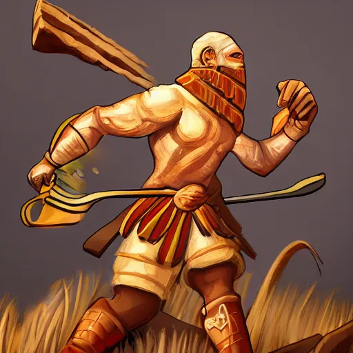 Prompt: a bread warrior, character, trending on artstation, HDR, digital art