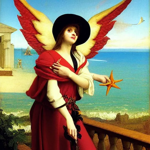 Image similar to An angel with jester hat and clothes on the front of a Balustrade with a beach on the background, major arcana cards, by paul delaroche, hyperrealistic