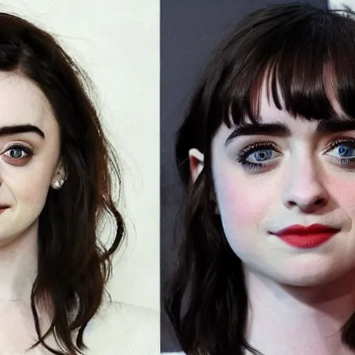 Prompt: a combination of Maisie Williams, Krysten Ritter, Anne Hathaway and Natalia Dwyer Christina Ricci and Lily Collins, long hair dark eyes