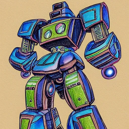 Image similar to an intricate color pencil drawing of a giant anime robot with rounded and circular parts