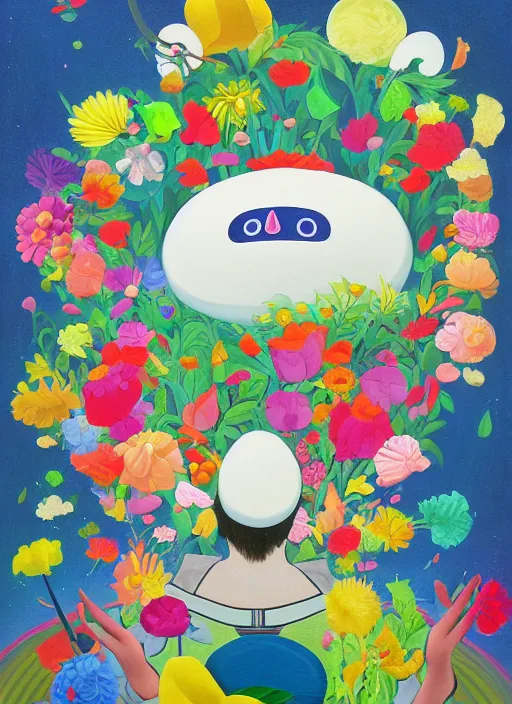 Prompt: a painting of a man with a strange hat on his head, a surrealist painting by Chiho Aoshima, behance contest winner, metaphysical painting, made of flowers, oil on canvas, detailed painting,