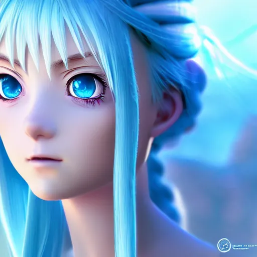 Prompt: close up, macro, detailed, render as a very beautiful 3d anime girl, goddess of ice, long braided white hair, azure blue eyes, full round face, short smile, cinematic lightning, medium shot, mid-shot, highly detailed, trending on Artstation, Unreal Engine 4k, cinematic wallpaper