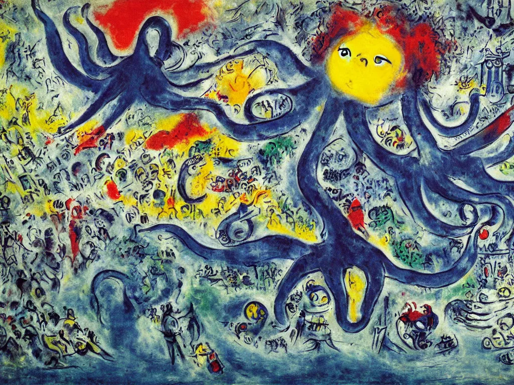 Image similar to giant octopus attacking London, painting by chagall, 4k