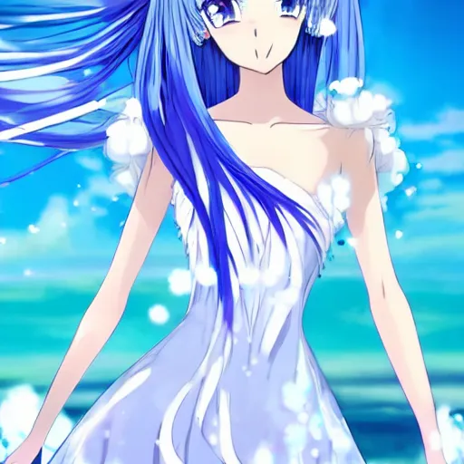Image similar to a very beautiful anime girl wearing a elegant dress made of water standing in a azure blue crystal lake , full body, long white hair with azure blue highlights blending into the dress , azure blue watery eyes, full round face, seductive over the shoulder glances ,soft smile,tears, lens flare, cinematic lighting, medium shot, mid-shot, highly realistically detailed, trending on artstation, Unreal Engine 4k, Stanley Artgerm Lau, WLOP, Rossdraws, James Jean, Andrei Riabovitchev, Marc Simonetti, and Sakimichan