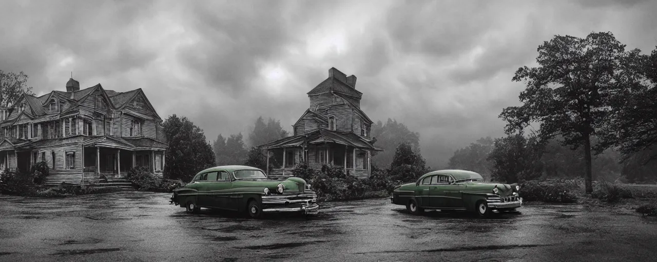 Prompt: Lovecraft Country, ultra detailed haunted house, ultra detailed storm clouds, dense rain, establishing atmospheric shot, octane renderer, unreal engine, F11 aperture, night, volumetric fog, detailed lighting and thunder, stormy weather, ultra detailed rain drops, green grass reflections, film grain, single ultra detailed grey 1948 Packard Station Sedan parked in the street, sepia tone