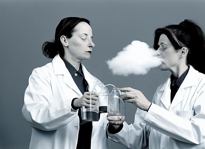 Image similar to realistic photo two female scientists doing an experiment with a cloud 1 9 9 0, life magazine reportage photo