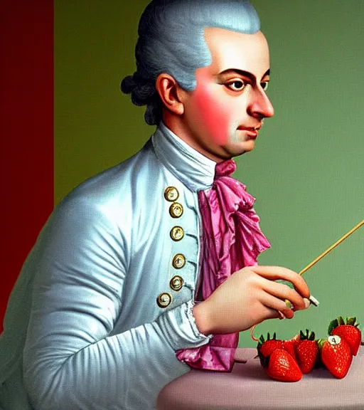 Image similar to Amadeus Mozart drinking a strawberry milkshake, the straw is in his mouth, digital art