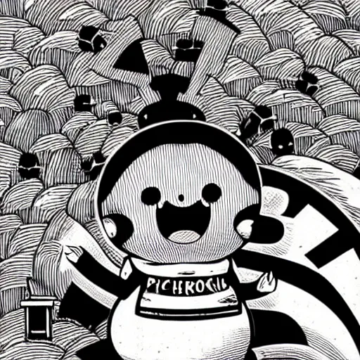 Prompt: junji ito pikachu, horror manga illustration, electric rodent