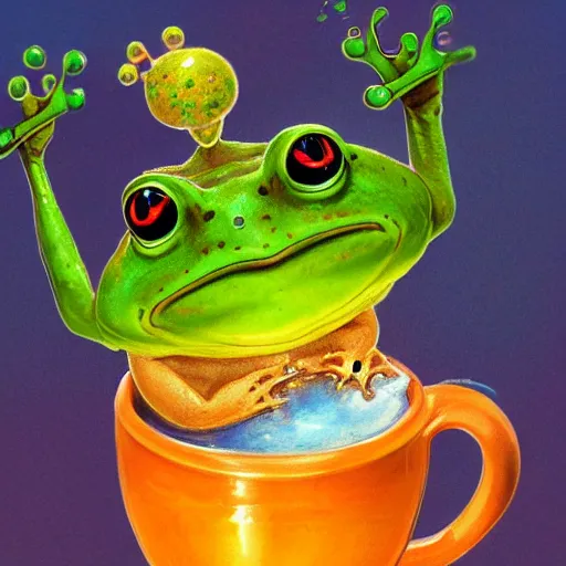 Image similar to playful long shot of a very happy cute frog baby sitting in a searose cup, by esao andrews, by m. w. kaluta, very humorous illustration, small depth of field, perspective perception, volumetric light, warm cosy colors, night scenery, low light, unreal engine 5, 8 k, conceptart, hyperdetailed, hyperrealistic, trending on artstation