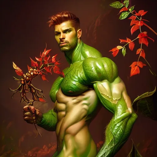 Image similar to A studio full body shot of a photorealistic male male muscular muscular poison ivy wide angle, deep focus, D&D, fantasy, intricate, elegant, highly detailed, digital painting, artstation, concept art, matte, sharp focus, illustration, hearthstone, art by Artgerm and Greg Rutkowski and Alphonse Mucha