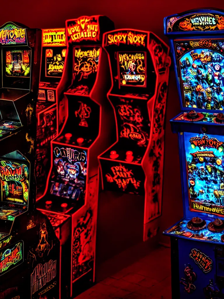 Image similar to haunted arcade machine, spooky, horror, overhead lighting, alluring lights hdr