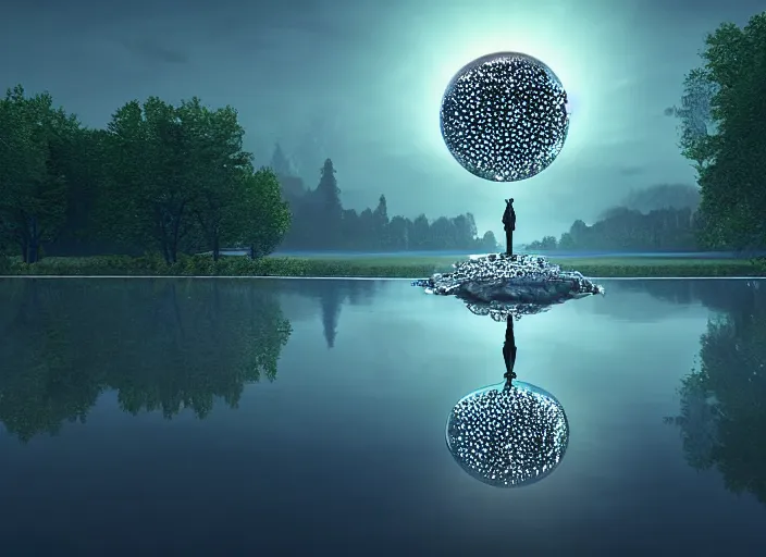 Image similar to glowing transparent crystal ball on a beautiful lake, radiant light, tree of life inside the ball, intricate details, reflections on the water, ripples, moody sky, hyperdetailed illustration by mark brooks, by yuumei, unreal engine 5, low light