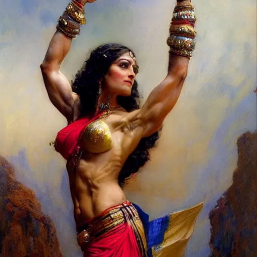 Prompt: a fit and muscular woman with marble skin wearing sari dancing from side. highly detailed painting by gaston bussiere, craig mullins, j. c. leyendecker 8 k