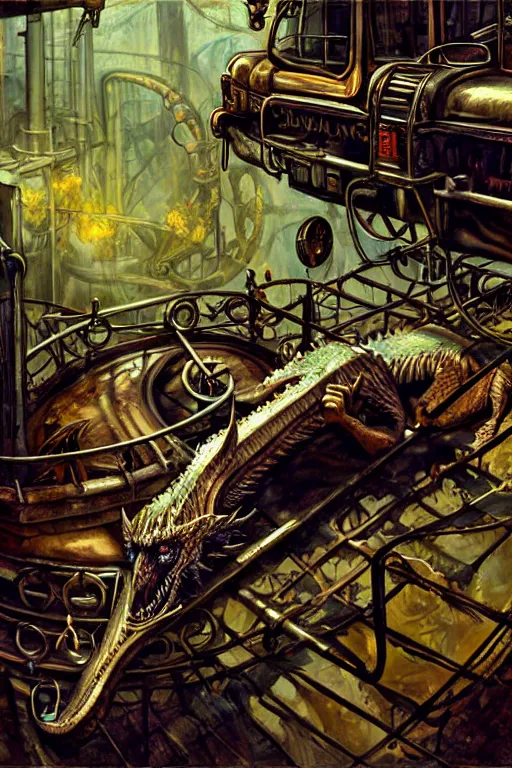 Image similar to hyper realistic old dying dragon lying down on a steam punk apparatus, art by jon foster