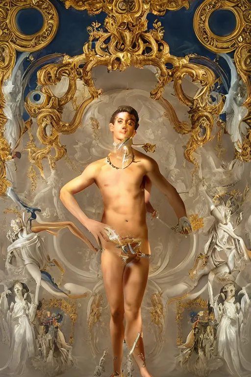 Image similar to full-body neon porcelain bladerunner and rococo style sculpture of a young handsome Cuban prince as a half android with a porcelain chest opening exposing circuitry and electric sparks, glowing laser beam eyes, crown of giant diamonds, flowing neon-colored silk, fabric, raptors. baroque elements. full-length view. baroque element. intricate artwork by caravaggio. many many birds birds on background. Trending on artstation, octane render, cinematic lighting from the right, hyper realism, octane render, 8k, depth of field, 3D