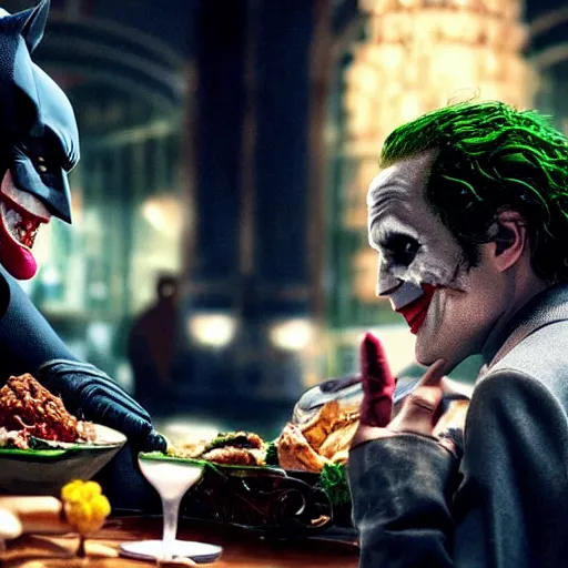 Image similar to A still of Batman and The Joker having dinner together, 4k, ultra realistic, detailed